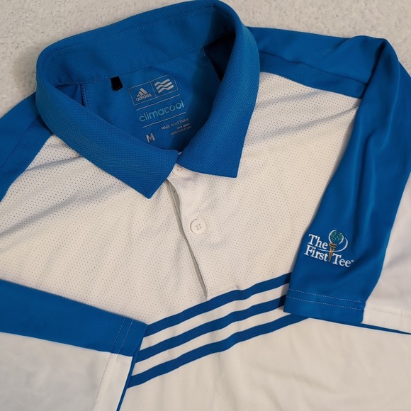 adidas Other - Adidas Polo Mens M White Blue Colorblock Stripe S/S 5% Spandex The First Tee